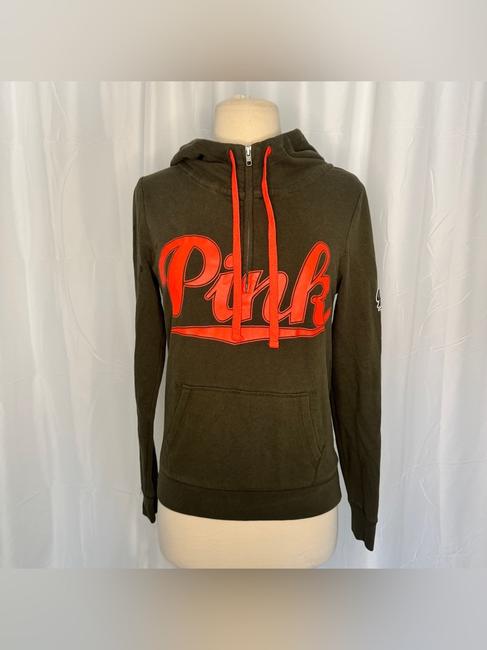PINK Victoria's Secret Olive Green Hoodie with Hot Pink Logo